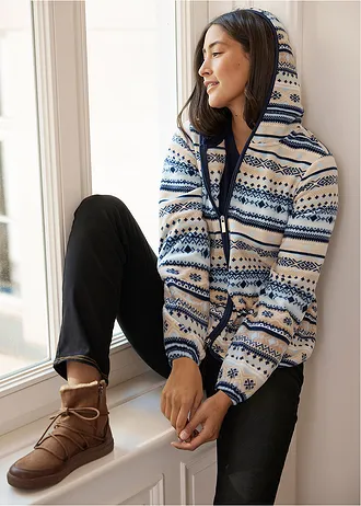 Flísová bunda s kapucí a norským vzorem • křemínkově šedá/bílá • bonprix obchod