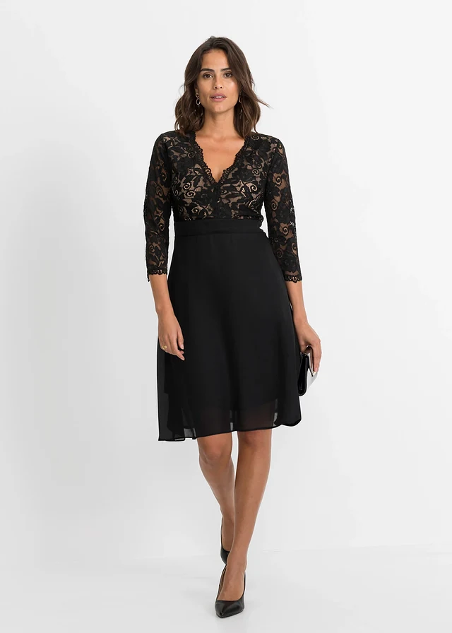 Chiffon jurk met kant, Kleur: zwart-ecru