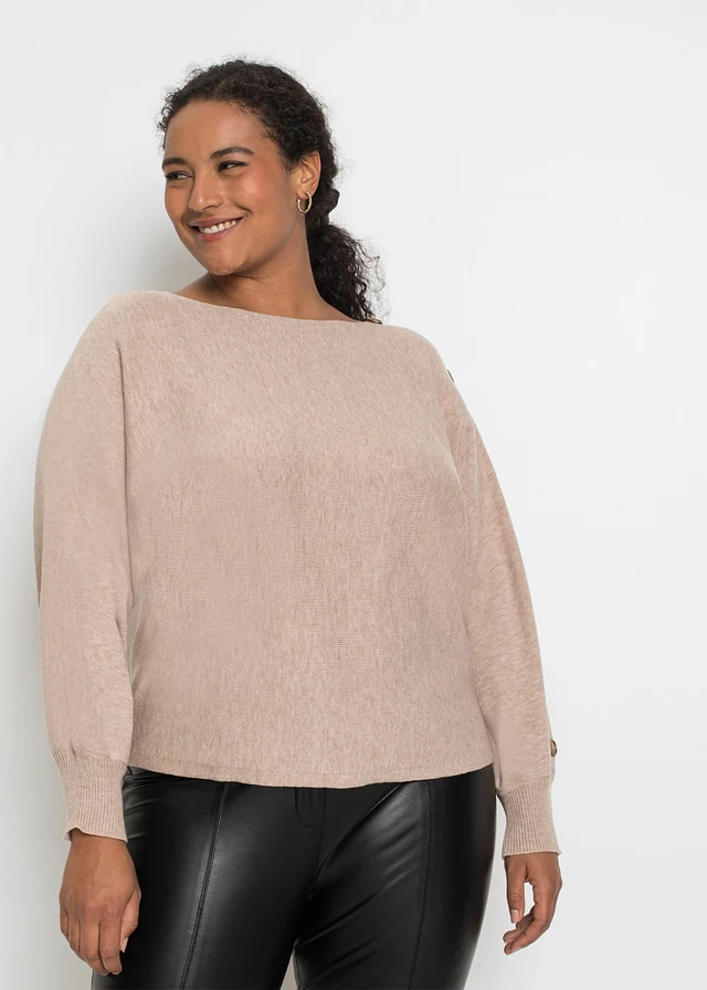 Pull avec détails boutons, Couleur: beige amande chiné