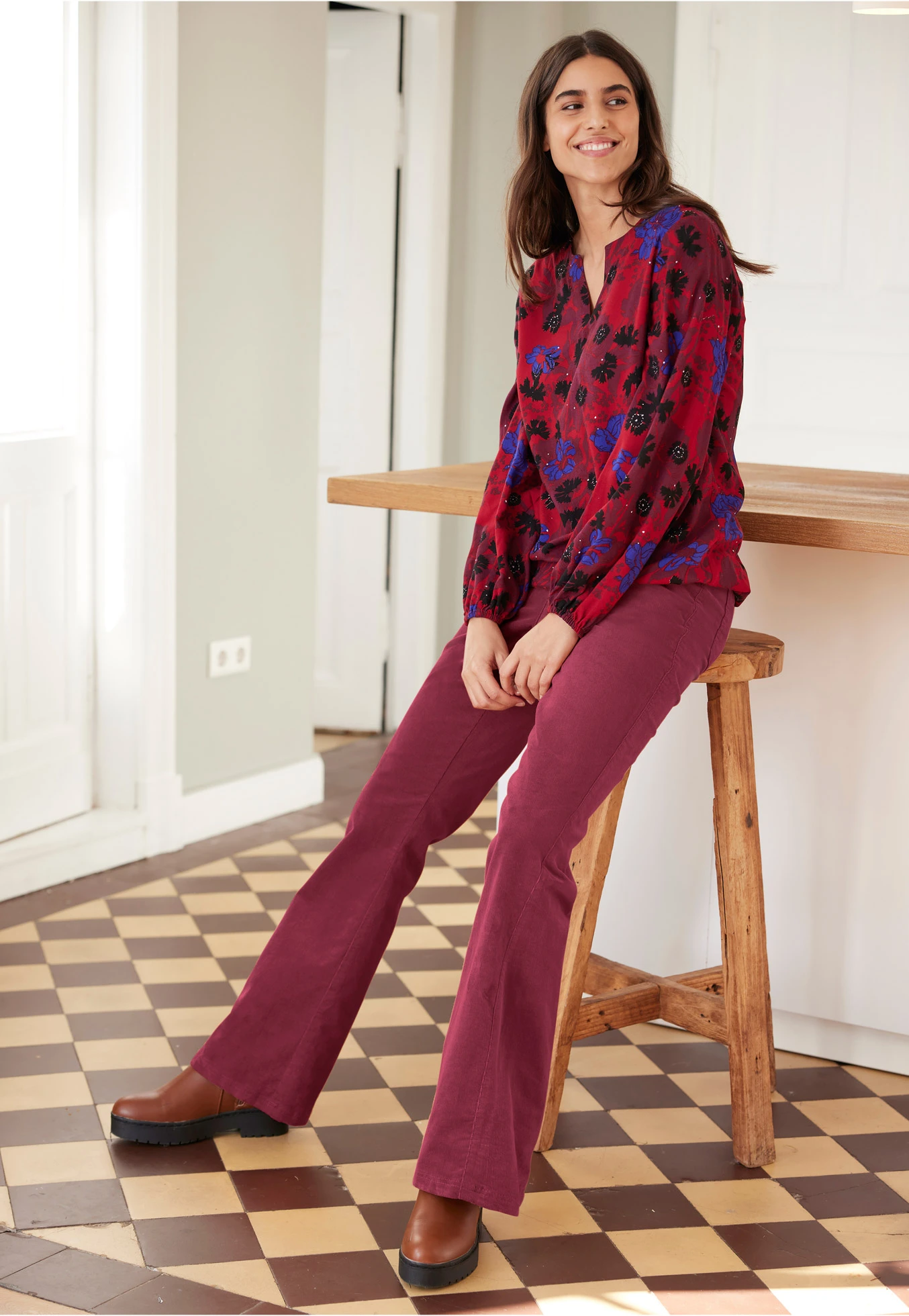 Pantaloni raiați stretch cu talie înaltă comodă • roșu arțar • magazin bonprix