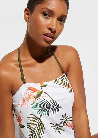 Bandeau tankini (2-részes szett) variálható vállpánttal • fehér-olívazöld virágmintás • bonprix áruház