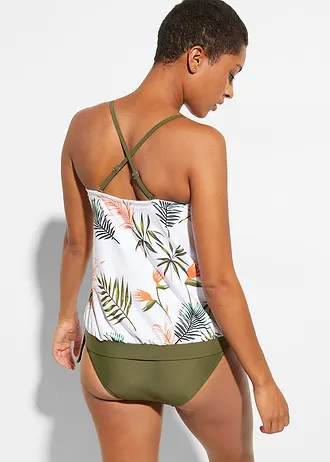 Bandeau tankini (2-részes szett) variálható vállpánttal • fehér-olívazöld virágmintás • bonprix áruház