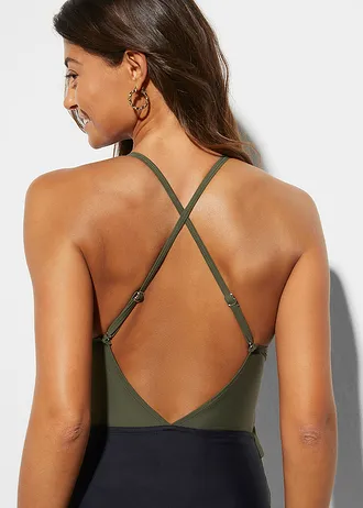 Jednodílné plavky s prostřihem a volány • khaki-černá • bonprix obchod