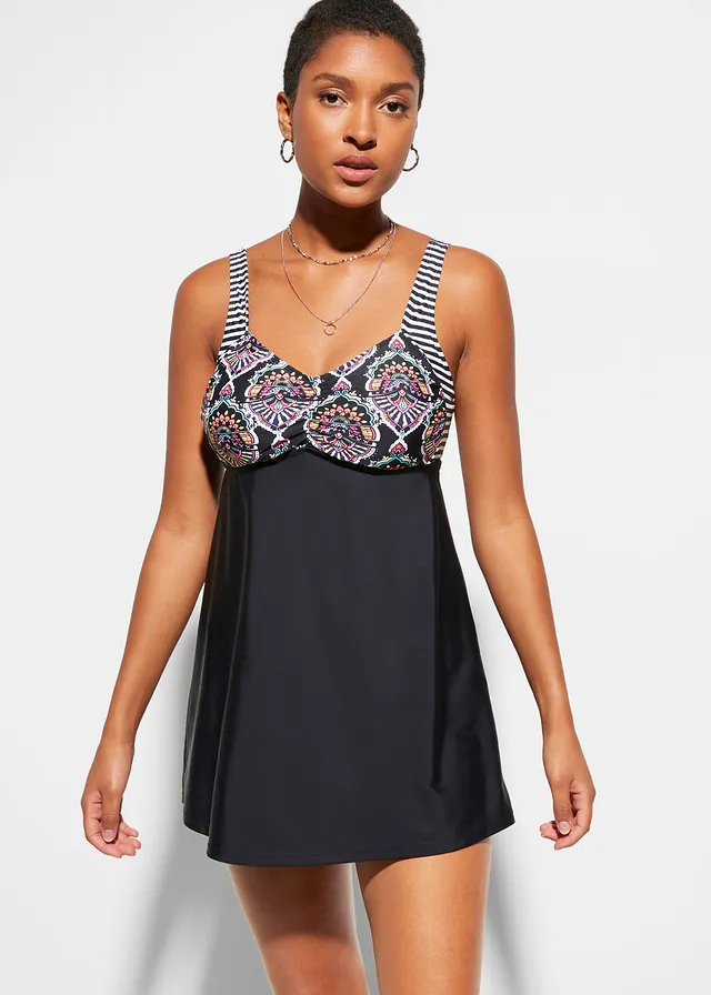 Lange tankini met gerecycled polyamide (2-dlg. set), Kleur: zwart grafische print
