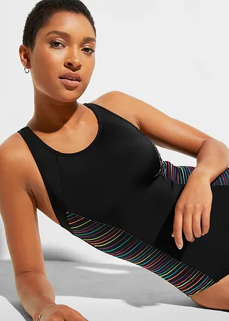 Costum de baie cu inserții laterale • negru cu imprimeu • magazin bonprix