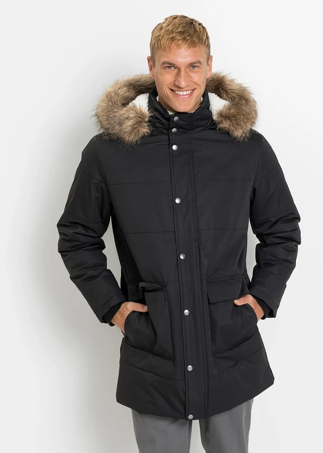 Parka d’hiver à doublure peluche et capuche amovible, Couleur: noir