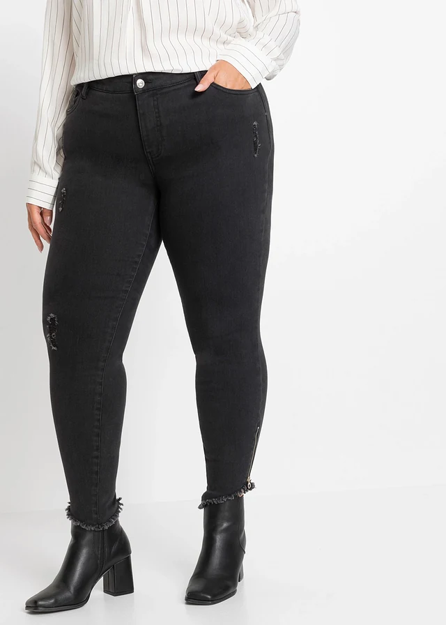 Jean skinny taille mi-haute, extensible, Couleur: noir denim