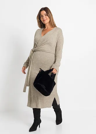 Gebreide midi jurk, Kleur: beige gemêleerd