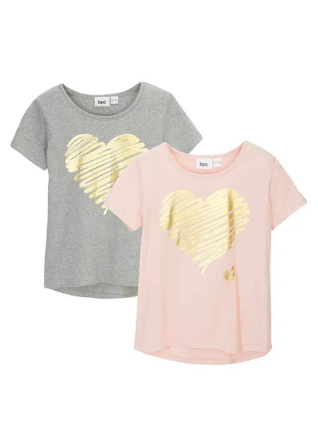 Meisjes T-shirt (set van 2) met katoen, Kleur: lichtgrijs gemêleerd+roze poudre