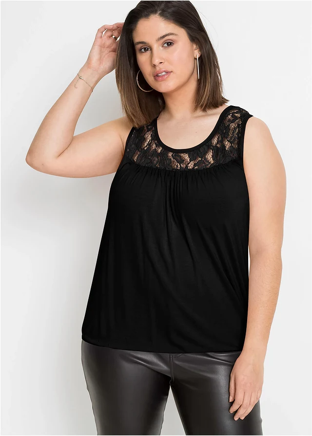 Top en viscose extensible et dentelle, Couleur: noir