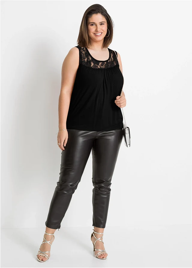 Top en viscose extensible et dentelle, Couleur: noir