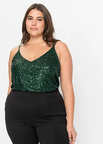 Top à bretelles fines et sequins, matière douce, Couleur: vert foncé