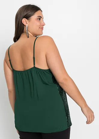 Top à bretelles fines et sequins, matière douce, Couleur: vert foncé