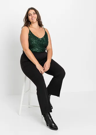 Top à bretelles fines et sequins, matière douce, Couleur: vert foncé