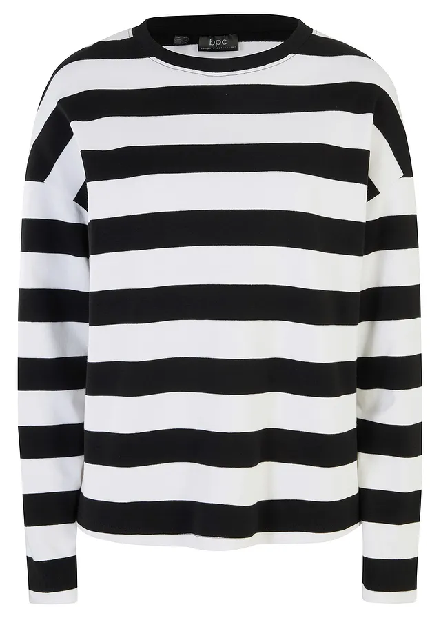 Bluză cu mâneci lungi din bumbac interlock 100% • negru/alb cu dungi • magazin bonprix