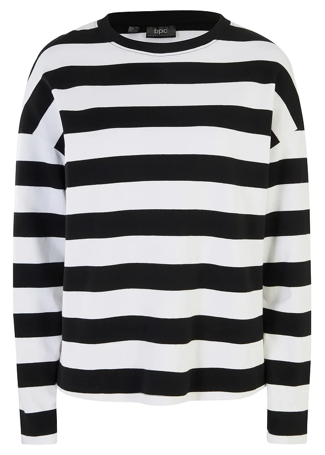 T-shirt manches longues 100% coton interlock, Couleur: noir/blanc rayé