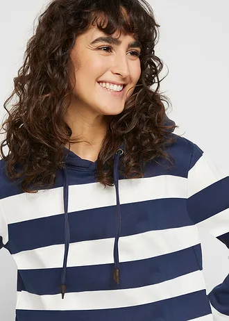 Sweat-shirt à capuche 100% coton • bleu foncé-écru rayé • Boutique bonprix