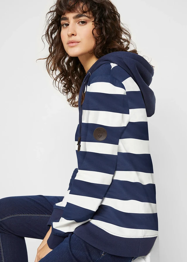 Sweat à capuche 100% coton, Couleur: bleu foncé-écru rayé