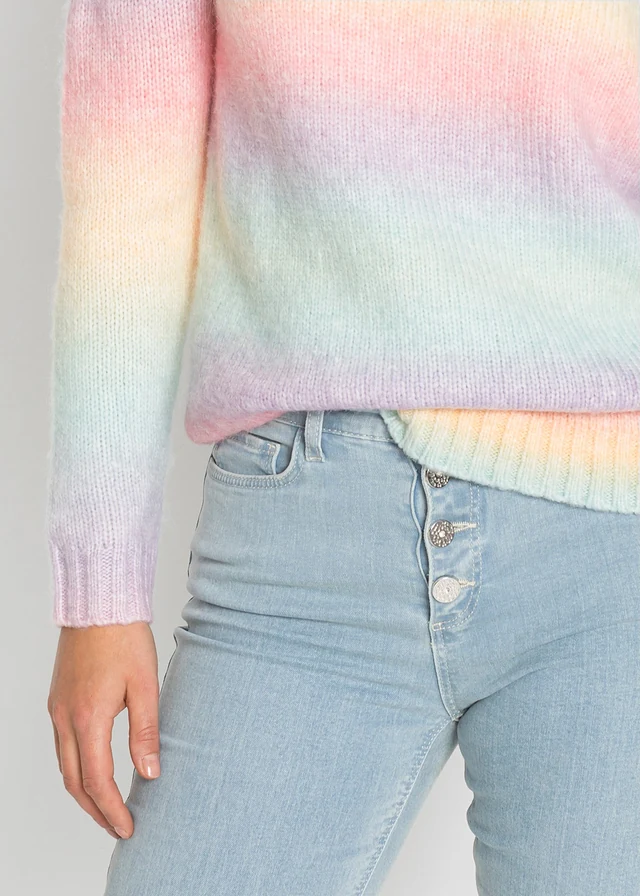 Pull doux en grosse maille contenant de la laine, Couleur: rose-jaune-bleu clair-violet rayé