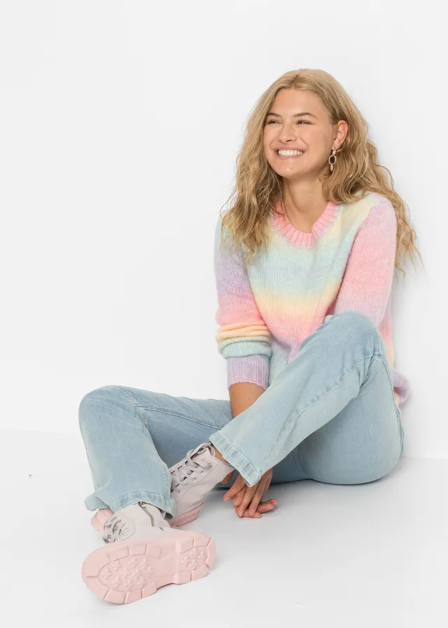 Pull doux en grosse maille contenant de la laine • rose-jaune-bleu clair-violet rayé • product-page.page-title-suffix