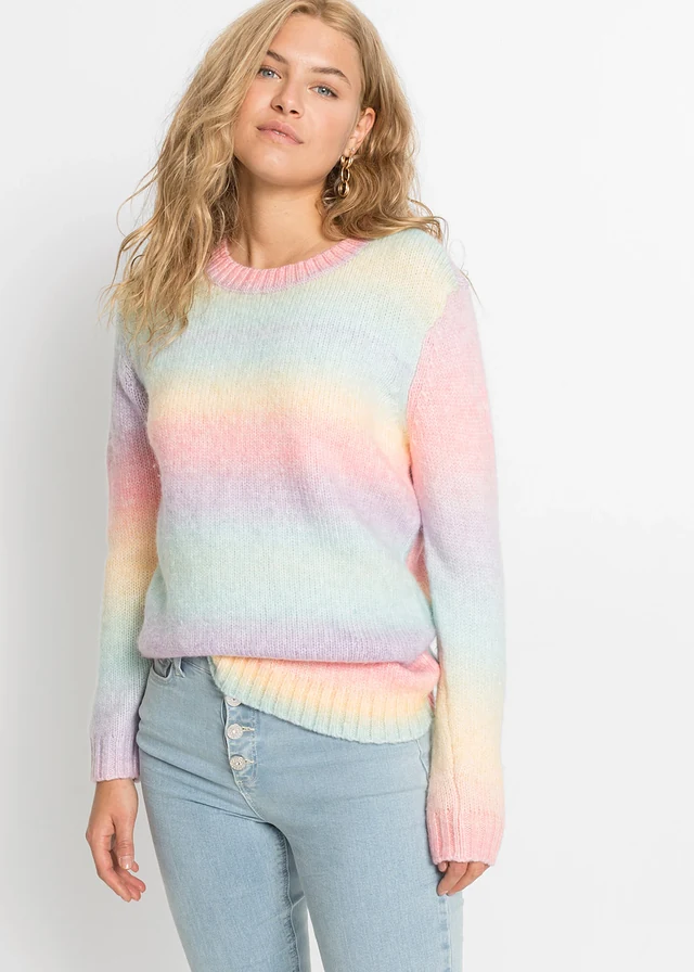 Pull doux en grosse maille contenant de la laine, Couleur: rose-jaune-bleu clair-violet rayé