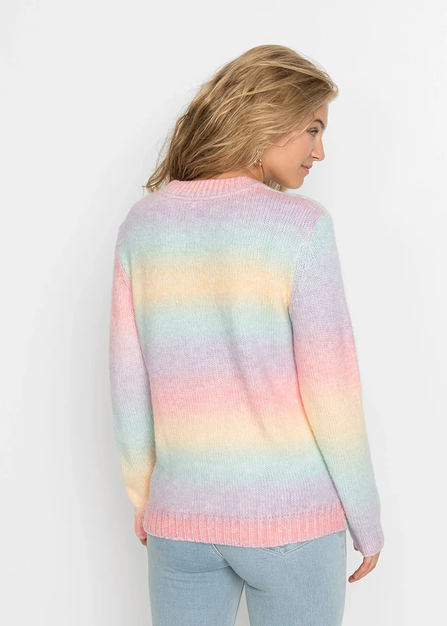 Pull doux en grosse maille contenant de la laine, Couleur: rose-jaune-bleu clair-violet rayé