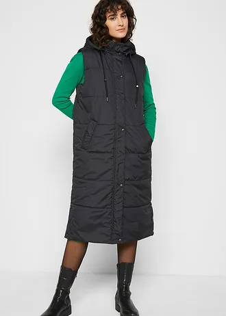 Dlouhá prošívaná vesta s kapucí a postranními rozparky, barva: černá