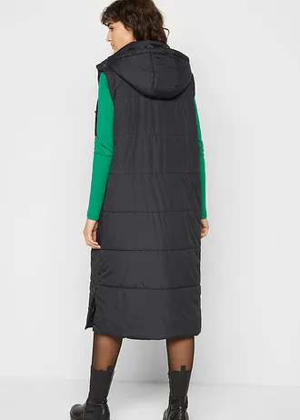 Lange bodywarmer met capuchon en zijsplitten • zwart • bonprix online shop