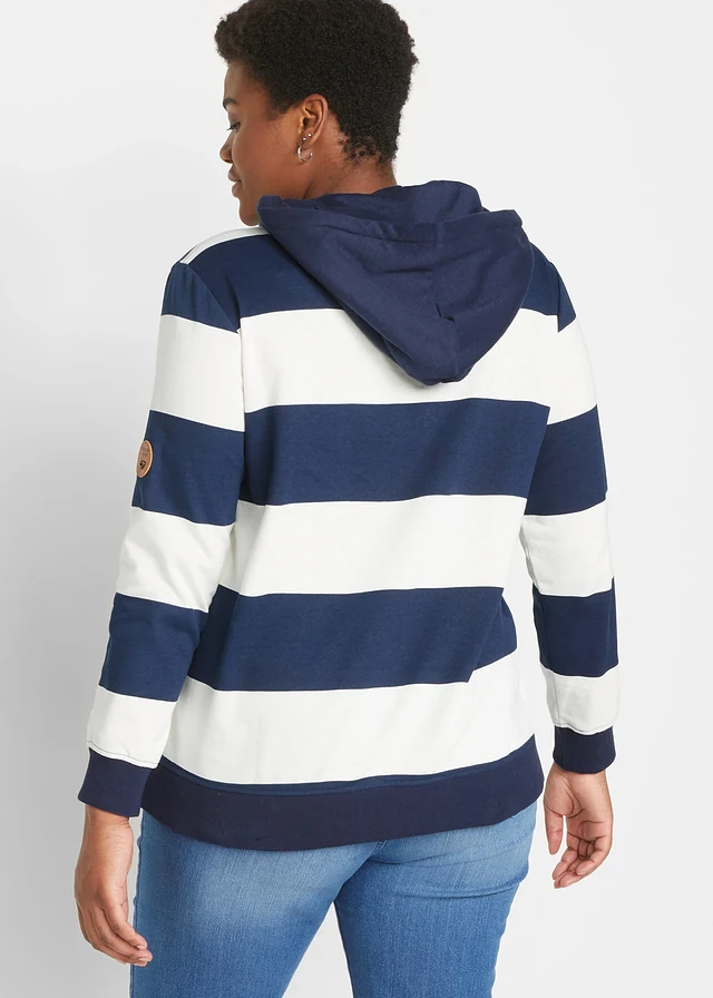 Sweat à capuche 100% coton, Couleur: bleu foncé-écru rayé