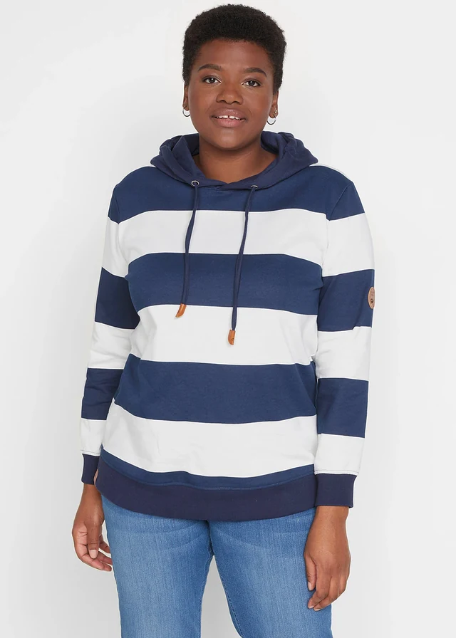 Sweat à capuche 100% coton, Couleur: bleu foncé-écru rayé