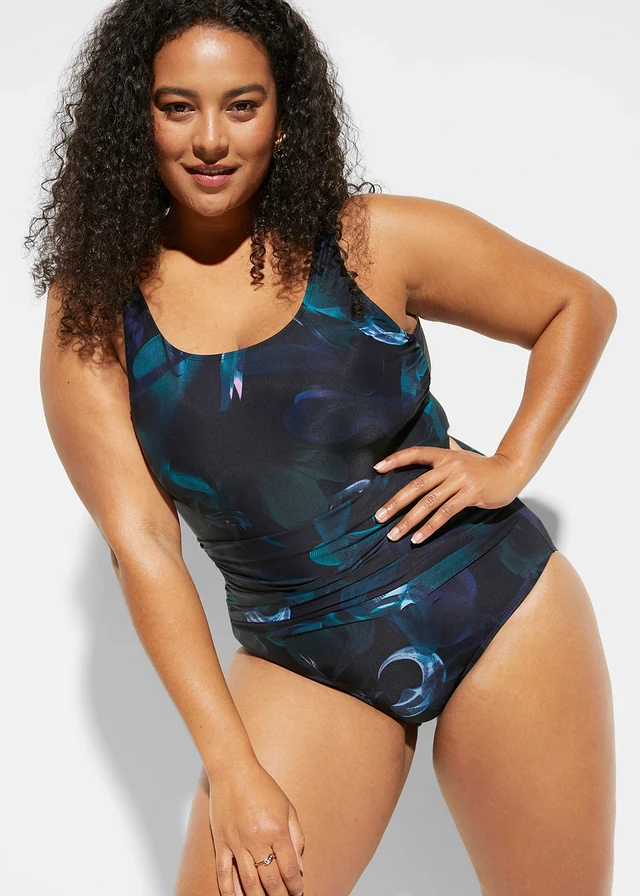 Maillot 1 pièce sculptant, maintien léger, avec fronces, Couleur: noir/vert foncé graphique