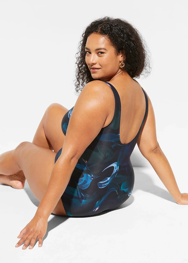 Maillot 1 pièce sculptant, maintien léger, avec fronces, Couleur: noir/vert foncé graphique
