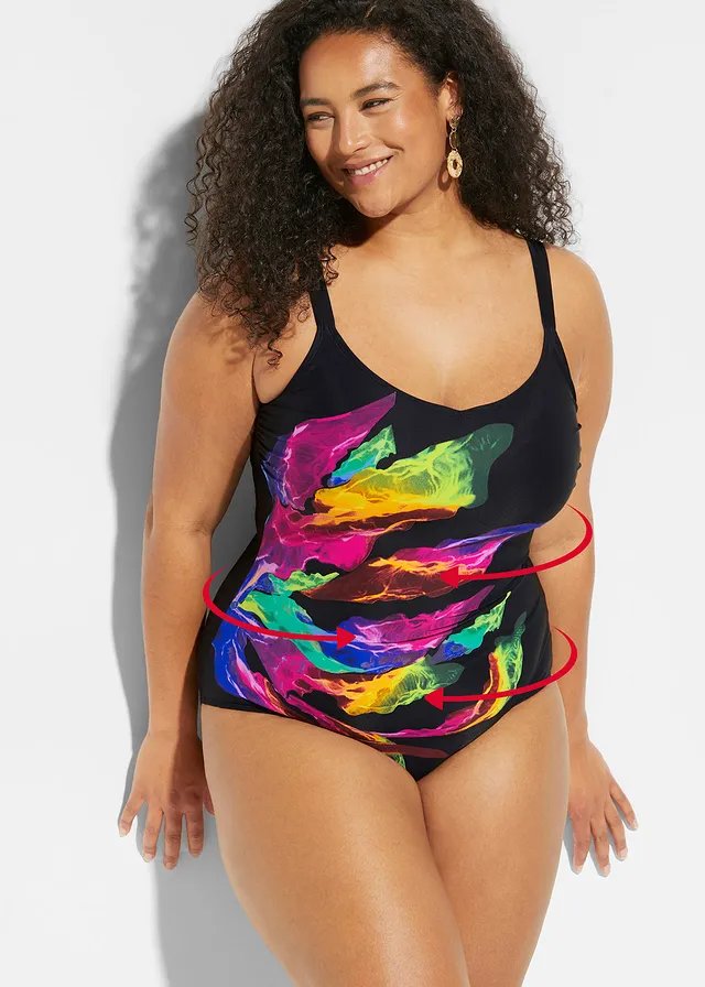 Maillot 1 pièce sculptant, maintien léger, col V, Couleur: noir imprimé