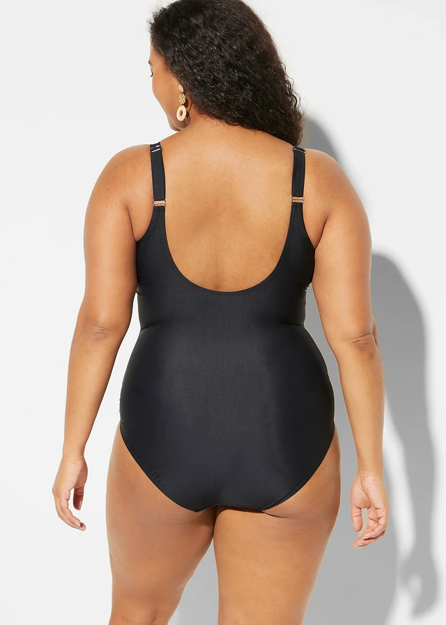 Maillot 1 pièce sculptant, maintien léger, col V, Couleur: noir imprimé