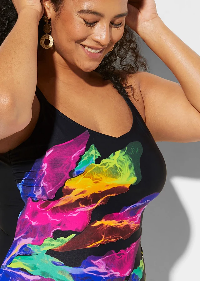 Maillot 1 pièce sculptant, maintien léger, col V, Couleur: noir imprimé