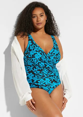 Stahovací jednodílné plavky, střední tvarující efekt, se zavinovacím vzhledem, barva: černo-tyrkysová s květy