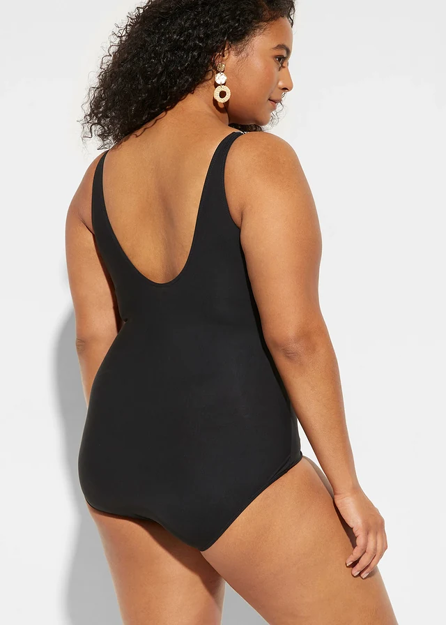 Maillot 1 pièce sculptant, maintien léger, col V, Couleur: noir/gris/blanc