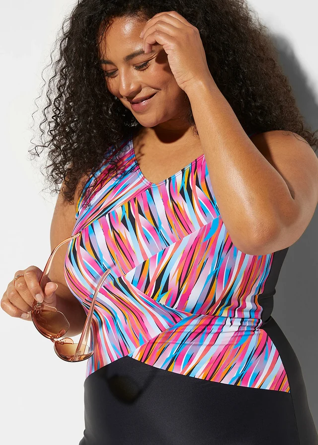 Maillot 1 pièce short sculptant, maintien léger, Couleur: noir / multicolore rayé
