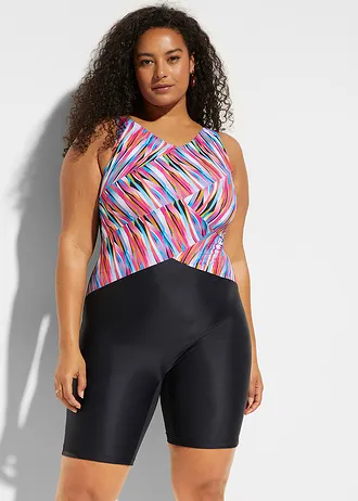 Jednodílné stahovací plavky s nohavičkami, lehký tvarující efekt, barva: černo-pestrá s proužky