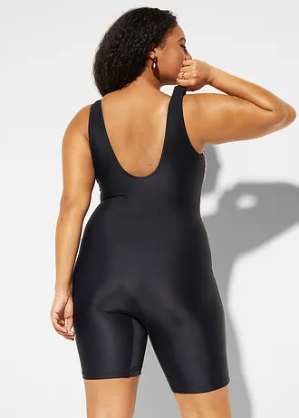 Jednodílné stahovací plavky s nohavičkami, lehký tvarující efekt, barva: černo-pestrá s proužky