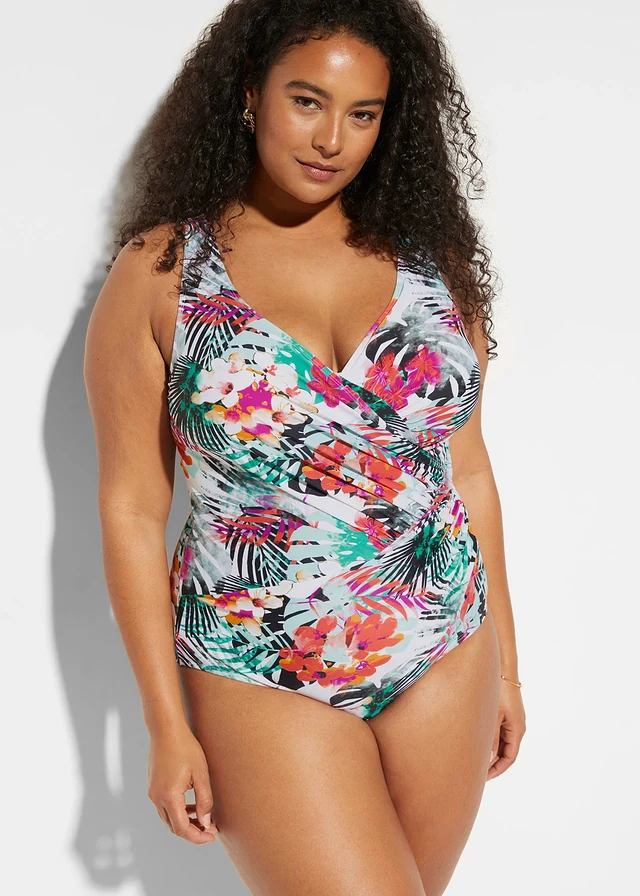 Corrigerend badpak in wikkellook, medium corrigerend, Kleur: wit gebloemd