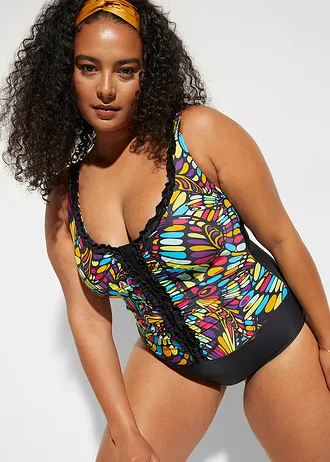 Corrigerend badpak met ruches, medium corrigerend, Kleur: zwart/multicolour grafische print