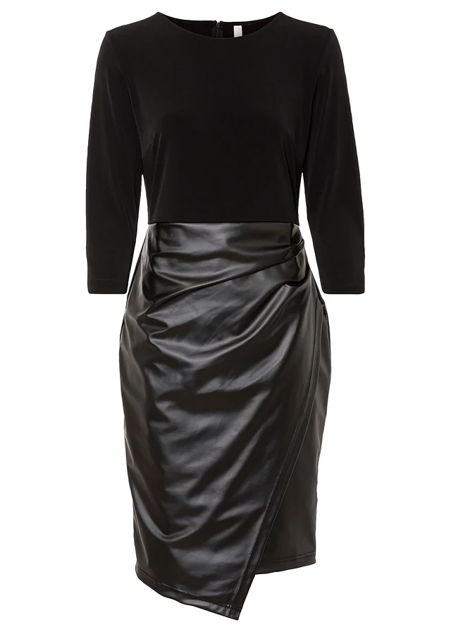 Jurk van imitatieleer met lijfje van jersey, Kleur: zwart