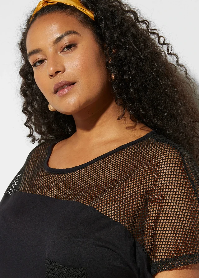 T-shirt long de plage en viscose fluide, Couleur: noir