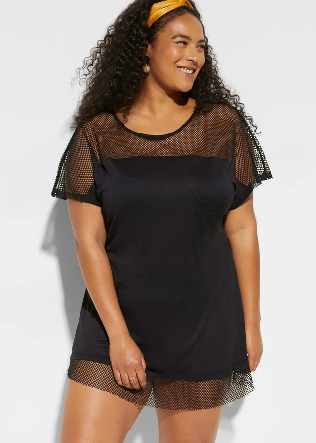 T-shirt long de plage en viscose fluide, Couleur: noir