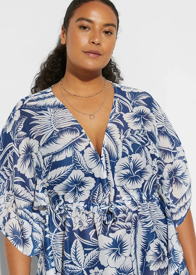 Transparante strandtuniek, Kleur: blauw-wit gebloemd