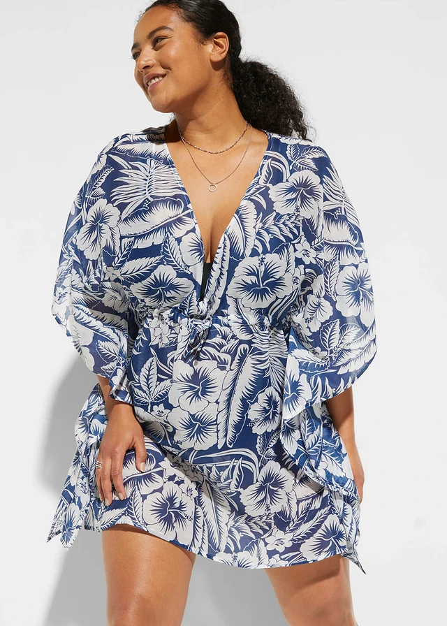 Transparante strandtuniek, Kleur: blauw-wit gebloemd