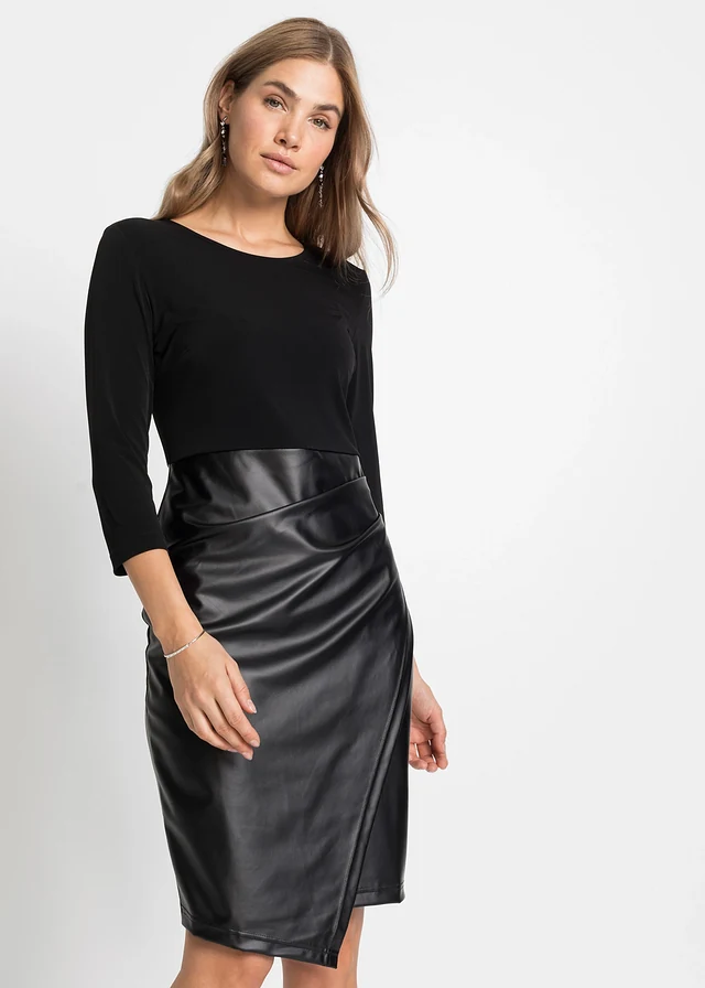 Jurk van imitatieleer met lijfje van jersey, Kleur: zwart