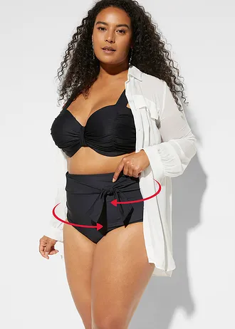 Sterk corrigerend bikinibroekje met strikceintuur, high waist, Kleur: zwart