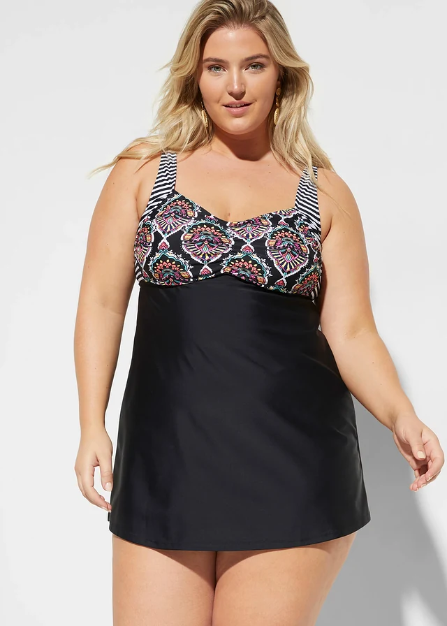 Tankini long avec shorty taille haute (ens. 2 pces), Couleur: noir graphique